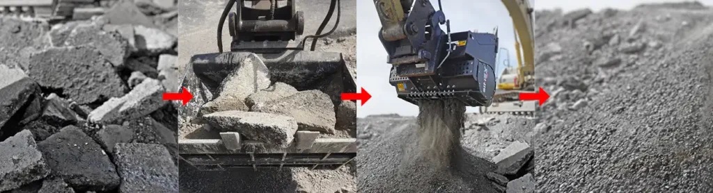 Granuleringsskopa krossar asfalt steg för steg till återvunnet asfaltgranulat