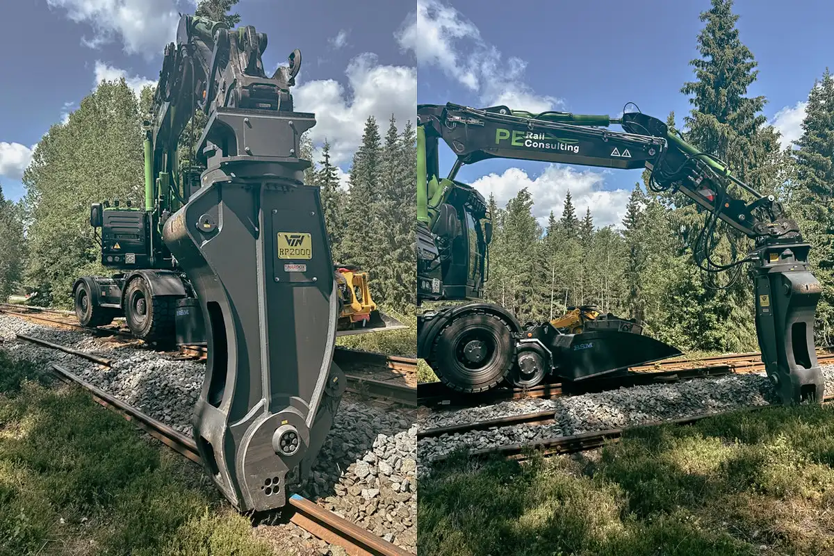 VTN RP2000 rälsklipp i arbete på svensk järnväg, monterad på grävmaskin vid ralsbyte i skogsmiljö.