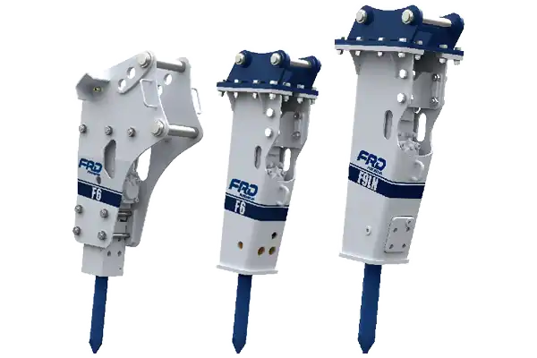 Produktbild på hela F-serien hydraulhammare. F-serien tillverkad av Furukawa och som säljs av AMAS Svenska AB i Sverige.