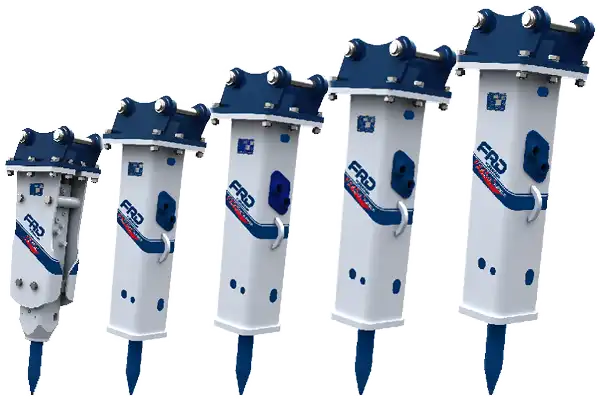 Produktbild på hela FX-serien hydraulhammare. FX-serien tillverkad av Furukawa och som säljs av AMAS Svenska AB i Sverige.