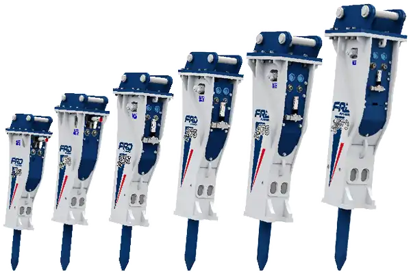 Produktbild på hela FXJ-serien hydraulhammare. FXJ-serien tillverkad av Furukawa och som säljs av AMAS Svenska AB i Sverige.