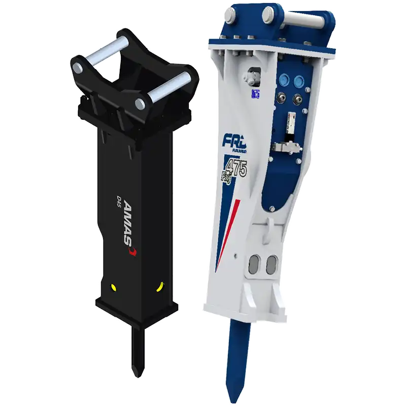 Bild på 2 olika hydraulhammare, AMAS-hammaren och Furukawa FXH hydraulhammare.