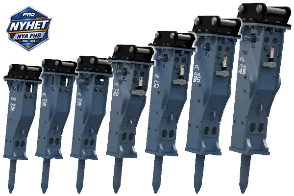 Furukawa nya FHBserien hydraulhammare 600x400 AMAS Produktbild på hela FHB serien hydraulhammare FHB serien tillverkad av Furukawa och som säljs av AMAS Svenska AB i Sverige