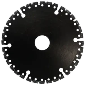 Black circular saw blade with evenly spaced teeth around the edge and several small holes in a ring near the rim